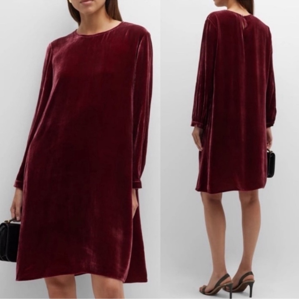 NWT Eileen Fisher Velvet Silk Crew Neck Long Sleeve Shift Dress Sz S